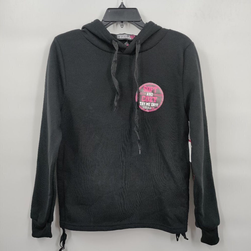 New Thrill 94 Cozy Pullover Side Ruching Hoodie Sweater Size Medium Women Black